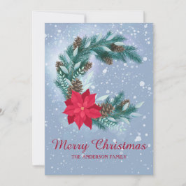 Cartão De Festividades Coroa de inverno, aquarela, poinsettia, cones de p