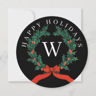 Cartão De Festividades Coroa de Monograma Preto Feliz Natal Personalizado