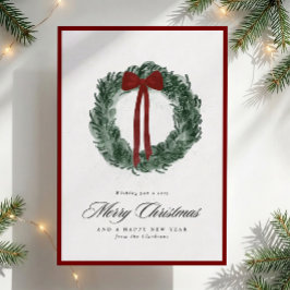 Cartão De Festividades Coroa de Natal aquarela com borda vermelha sem fot