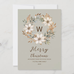 Cartão De Festividades Coroa de Natal Boho Natural Monograma Natal