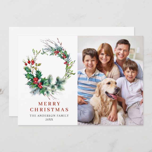 Cartão De Festividades Coroa de Natal com Azevinho e Frutas - Saudação de (Frente/Verso)