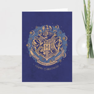 Cartão De Festividades Coroa de Natal com Brasão de HOGWARTS™ Azul