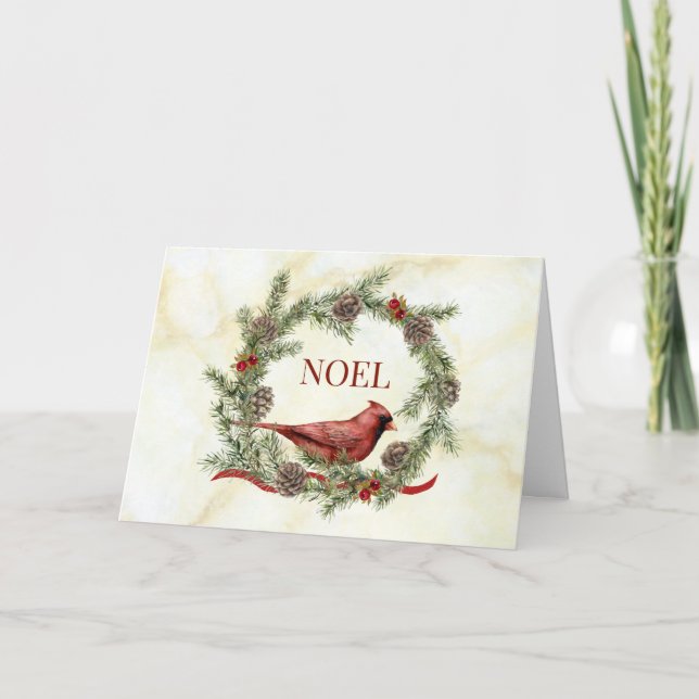 Cartão De Festividades Coroa de Natal com um Cardinal (Frente)
