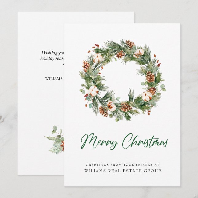 Cartão De Festividades Coroa de Natal Corporativo de Pinhas (Frente/Verso)