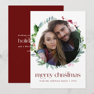 Cartão De Festividades Coroa de Natal de Foto Moderna com Folhas e Frutas
