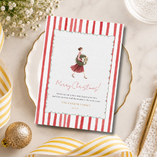 Cartão De Festividades Coroa de Natal de Mulher Elegante Listras Vermelha