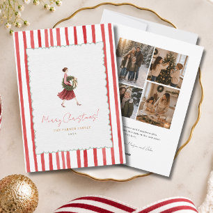 Cartão De Festividades Coroa de Natal de Mulher Elegante Listras Vermelha