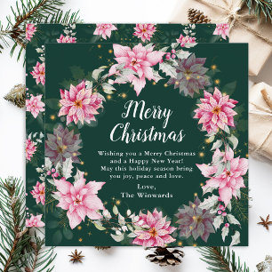 Cartão De Festividades Coroa de Natal de Poinsettia Rosa Feliz Natal