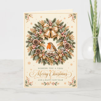 Cartão De Festividades Coroa de Natal do Robin Rosa Dourado Sininhos