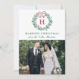 Cartão De Festividades Coroa de Natal Elegante Casados Monograma 4 Fotos