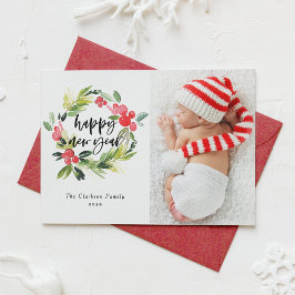 Cartão De Festividades Coroa de Natal em Aquarela Feliz Ano Novo Foto