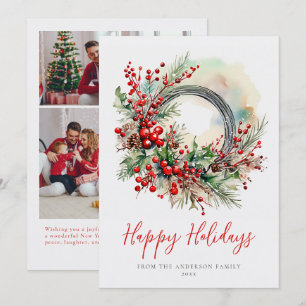 Cartão De Festividades Coroa de Natal em Aquarela Foto de Família nas Fes