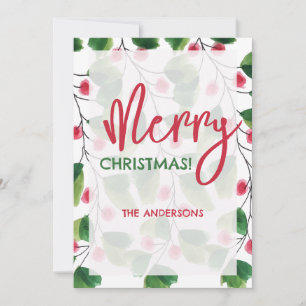 Cartão De Festividades Coroa de Natal em Aquarela Vermelha e Verde