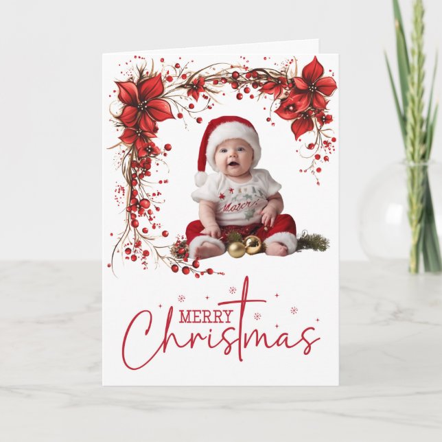 Cartão De Festividades Coroa de Natal Floral Vermelha Elegante Férias (Frente)