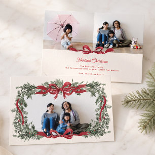 Cartão De Festividades Coroa de Natal Personalizada Laço Vermelho 3 Fotos