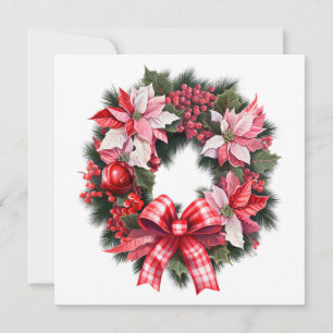 Cartão De Festividades Coroa de Natal Vermelha Poinsettia e Frutas Rosa