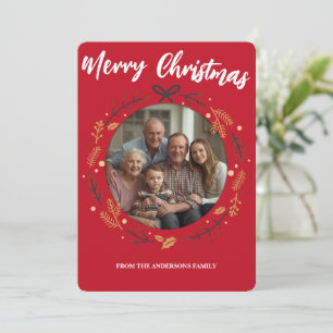 Cartão De Festividades Coroa de Natal vermelha simples com nome da famíli