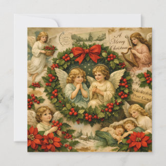 Cartão De Festividades Coroa de Natal Vintage com Anjos e Frutas