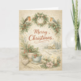 Cartão De Festividades Coroa de Natal Vintage Robin Merry Christmas