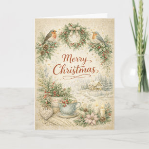 Cartão De Festividades Coroa de Natal Vintage Robin Merry Christmas