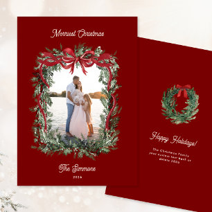 Cartão De Festividades Coroa de Verde com Laço Vermelho em Aquarela Foto