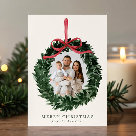 Cartão De Festividades Coroa de Verdura em Aquarela Elegante com Foto de 