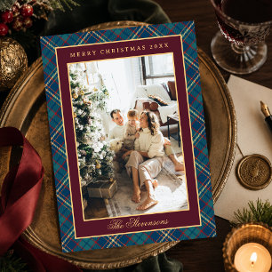 Cartão De Festividades Coroa de Xadrez Burgundy com Monograma Foto Natal