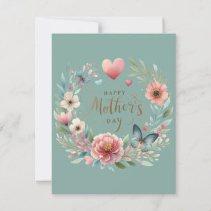 Cartão De Festividades Coroa Floral com uma Borboleta Feliz Dia das Mães