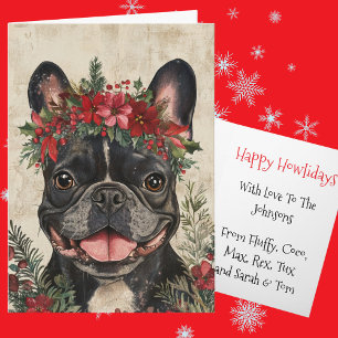 Cartão De Festividades Coroa Floral de Natal de Bulldog Francês Preto Per