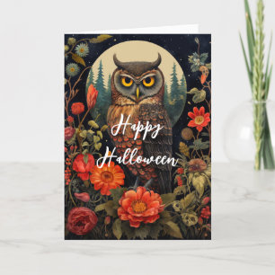 Cartão De Festividades Coruja à noite com um Halloween de lua cheia