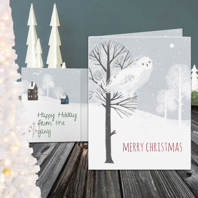 Cartão De Festividades Coruja Branca de Nórdica Excelente Rústica (Rustic Nordic Great White Snowy Owl Wraparound Graphics Folded Christmas Holiday Card)