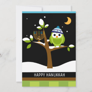 Cartão De Festividades Coruja fofa de Hanukkah & árvore nevada com Menorá