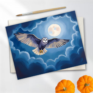 Cartão De Festividades Coruja Lua Cheia Halloween Aquarela