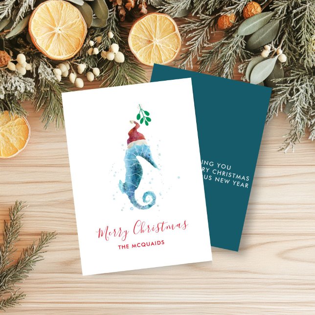 Cartão De Festividades Costeira do Mar de AquarelaFeriado de Natal de Cav (Coastal Watercolor Seahorse Holiday card)
