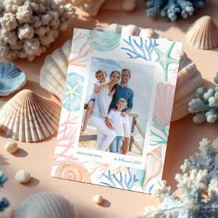 Cartão De Festividades Costeira Natal Watercolor Seashell Duas Foto