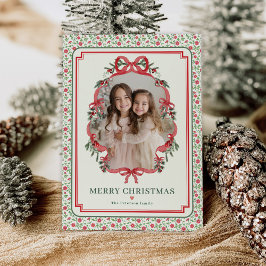 Cartão De Festividades Cottage Chic Floral Red Bow Christmas Photo