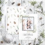 Cartão De Festividades Cotton Winter Greenery Feliz Foto de Natal Holid<br><div class="desc">Apresentando nosso Cartão de Férias de Natal Feliz para o Cotton Winter Greenery! Esta bela carta apresenta a sua foto de família favorita, com Feliz Natal em uma caligrafia popular escrita à mão e duo de fontes serif. É embelezado com pinos de algodão de aquarela e verde de inverno. O...</div>