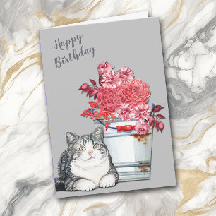 Cartão De Festividades Country Cat and Pink Bouquet Birthday