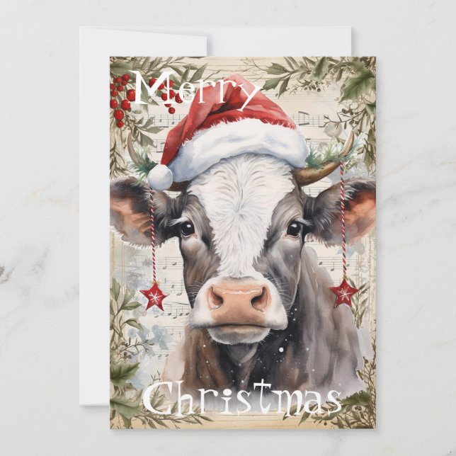 Cartão De Festividades Cow Winter Christmas Watercolor (Frente)