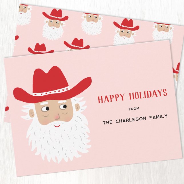 Cartão De Festividades Cowboy Santa Claus Christmas Pink (Fun Cowboy Santa Claus Western Christmas custom text personalized Holiday card)