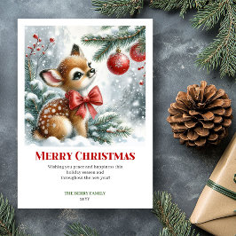 Cartão De Festividades Cozy Baby Fawn Christmas Scene Watercolor Greeting