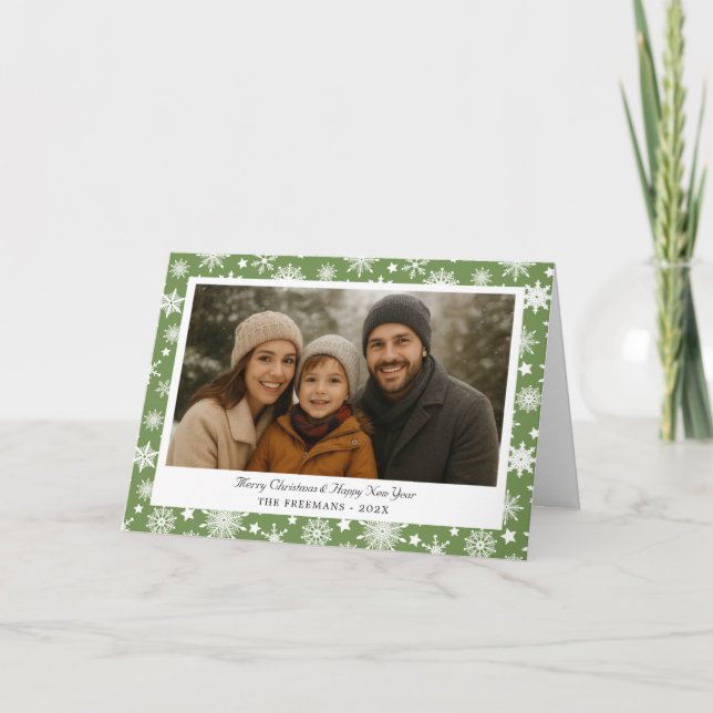 Cartão De Festividades Cozy Green Snowflakes Christmas Photo (Frente)