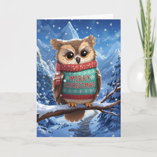Cartão De Festividades Cozy Owl in the Mountains Christmas Card (Frente)