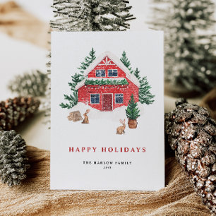 Cartão De Festividades Cozy Watercolor Red Cottage Floresta Verde