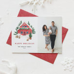 Cartão De Festividades Cozy Watercolor Red Winter Cabin Snow Photo<br><div class="desc">Feliz Feriados! Envie desejos calorosos nesta temporada com um cartão de festas com uma cabana vermelha de neve, árvores verdes e coelhos de floresta. O fundo de aquarela suave adiciona uma sensação confortável e rústica que se conjuga maravilhosamente com a sua foto favorita. Perfeito para famílias, casais ou novos pais....</div>