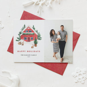 Cartão De Festividades Cozy Watercolor Red Winter Cabin Snow Photo