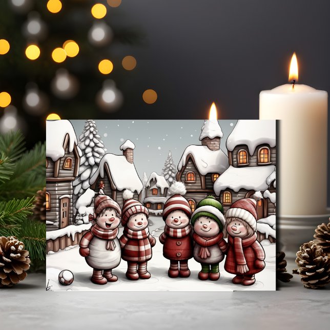 Cartão De Festividades Cozy Winter Cheer with Snowmen Friends (Adorable Snowmen Friends in Winter Village Christmas Card)