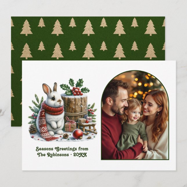 Cartão De Festividades Cozy Woodland Bunny Family Christmas Photo (Frente/Verso)