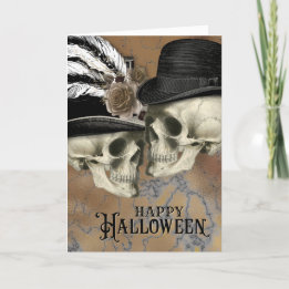 Cartão De Festividades Crânios Góticos no Chapéu Vintage Halloween
