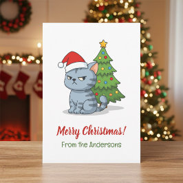 Cartão De Festividades Cranky Grey Tabby Cat Red Hat Christmas Tree